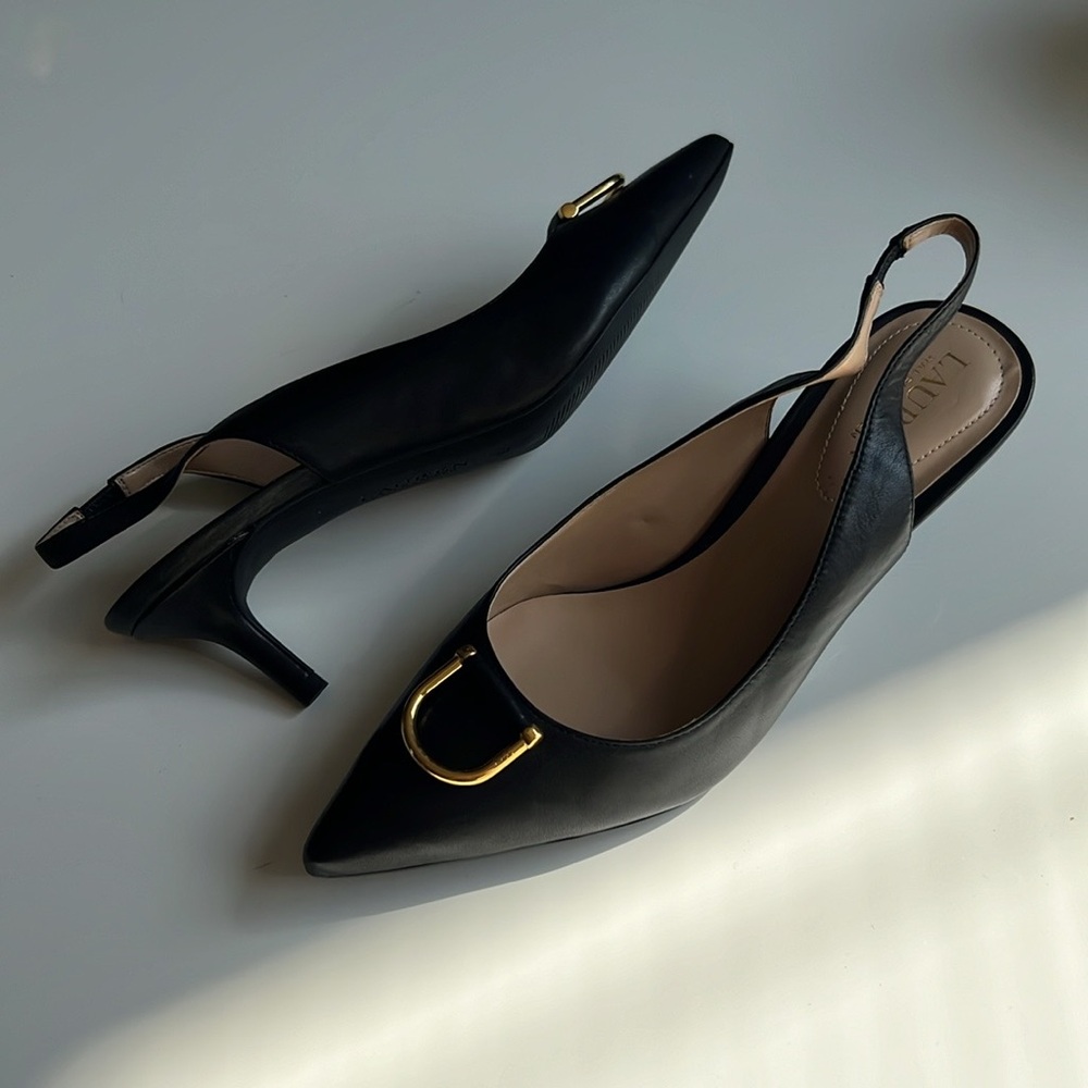 Lauren Ralph Lauren Black Slingback Kitten Heels with Gold Accent - Picture 5 of 9